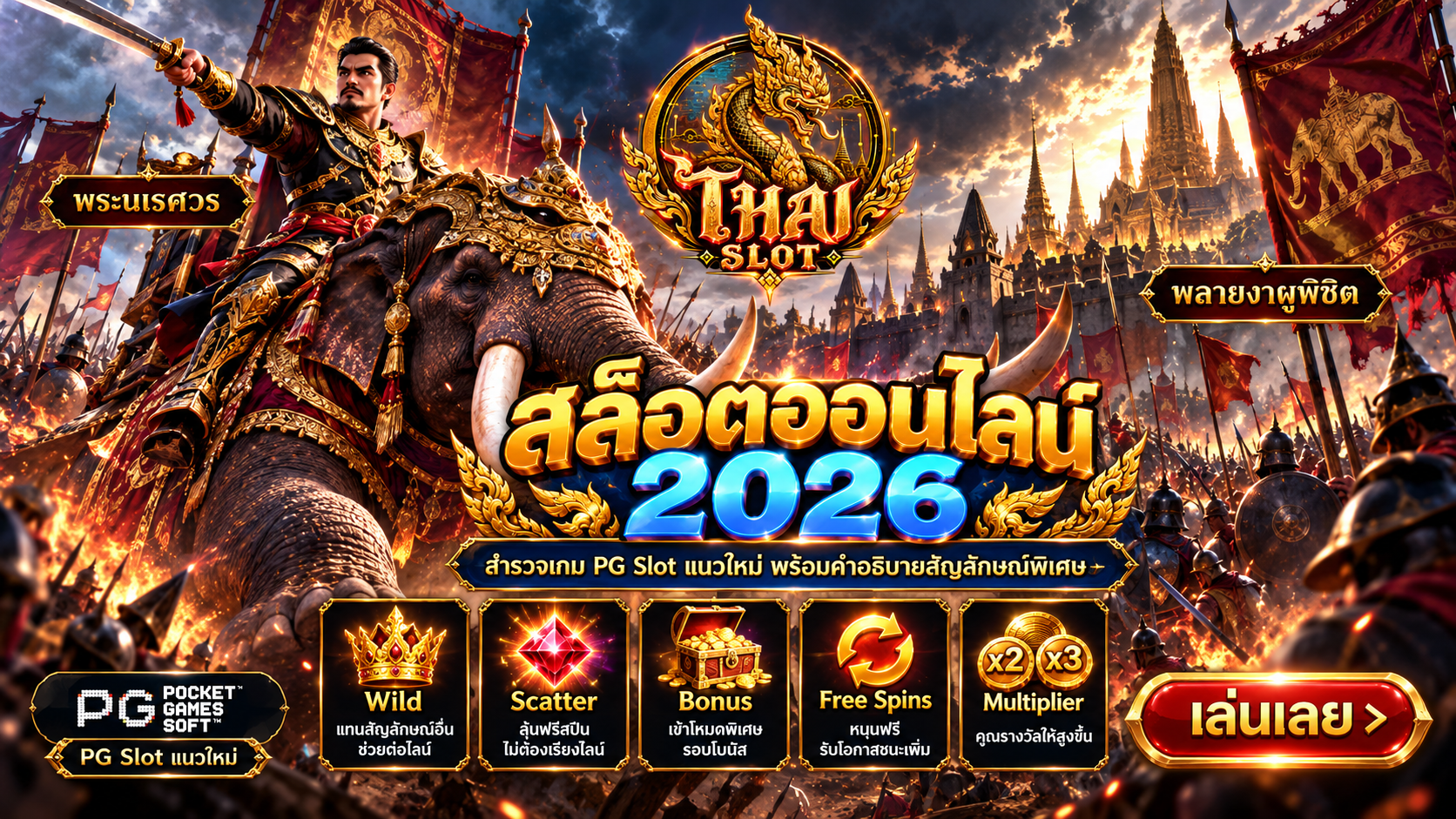 หน้าจอเกมสล็อตสมมติสำหรับอธิบายสัญลักษณ์และกติกา